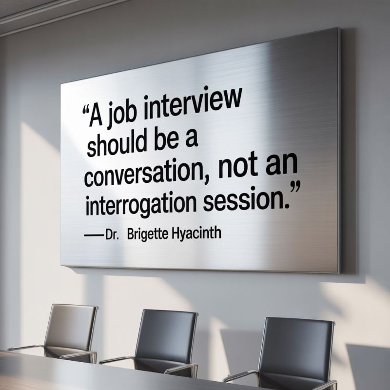 Two professionals in a relaxed, two-way conversation across a table during a job interview, illustrating the interview mindset of evaluating each other as equals.