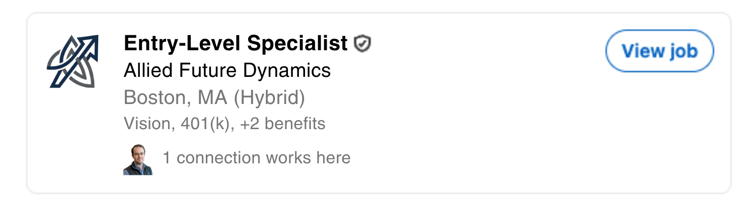 A mock job posting card for an Entry-Level Specialist role at a fictional company, Allied Future Dynamics, in Boston, MA, listed as hybrid with a View job button.